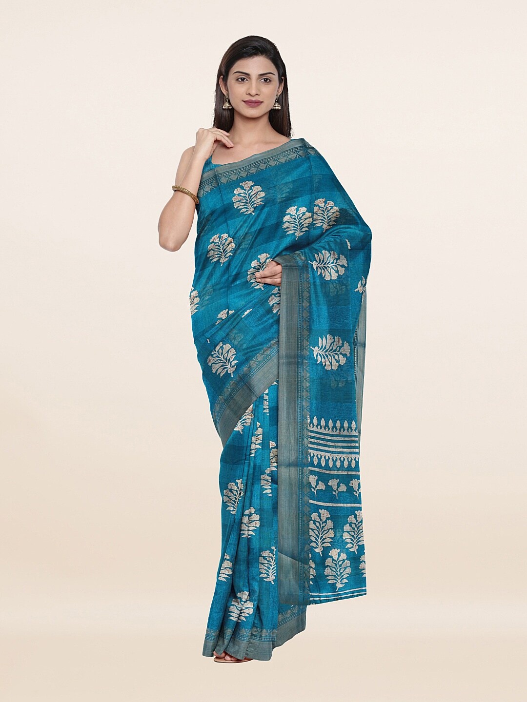 

Pothys Blue & Gold-Toned Floral Zari Saree