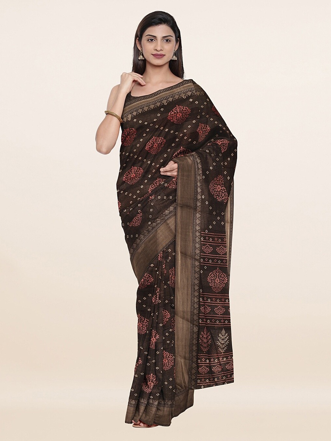 

Pothys Brown & Gold-Toned Floral Zari Saree