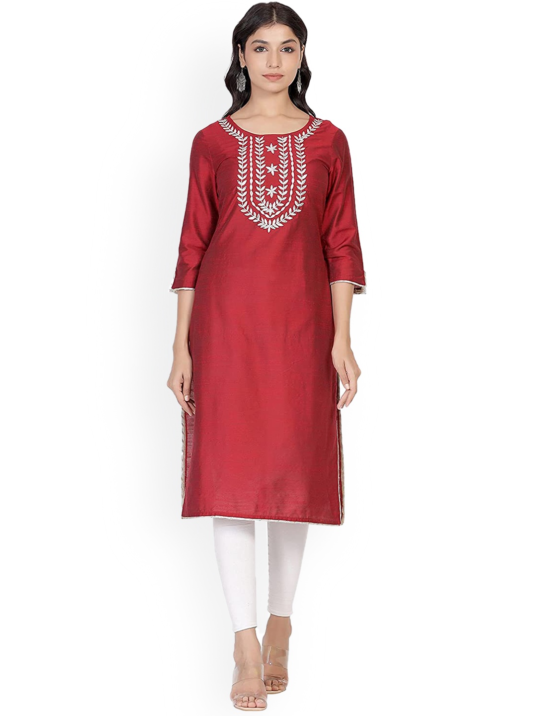 

ADEESHA Women Red Yoke Design Embroidered Kurta