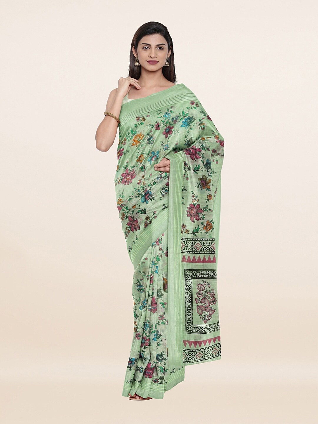 

Pothys Green & Pink Floral Printed Pure Cotton Saree