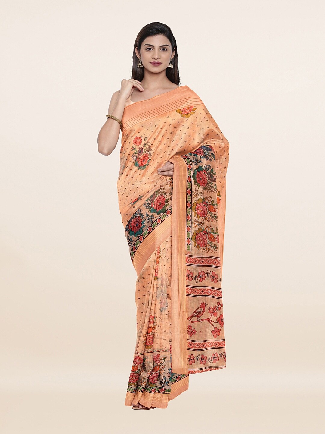 

Pothys Peach-Coloured & Green Floral Pure Cotton Saree