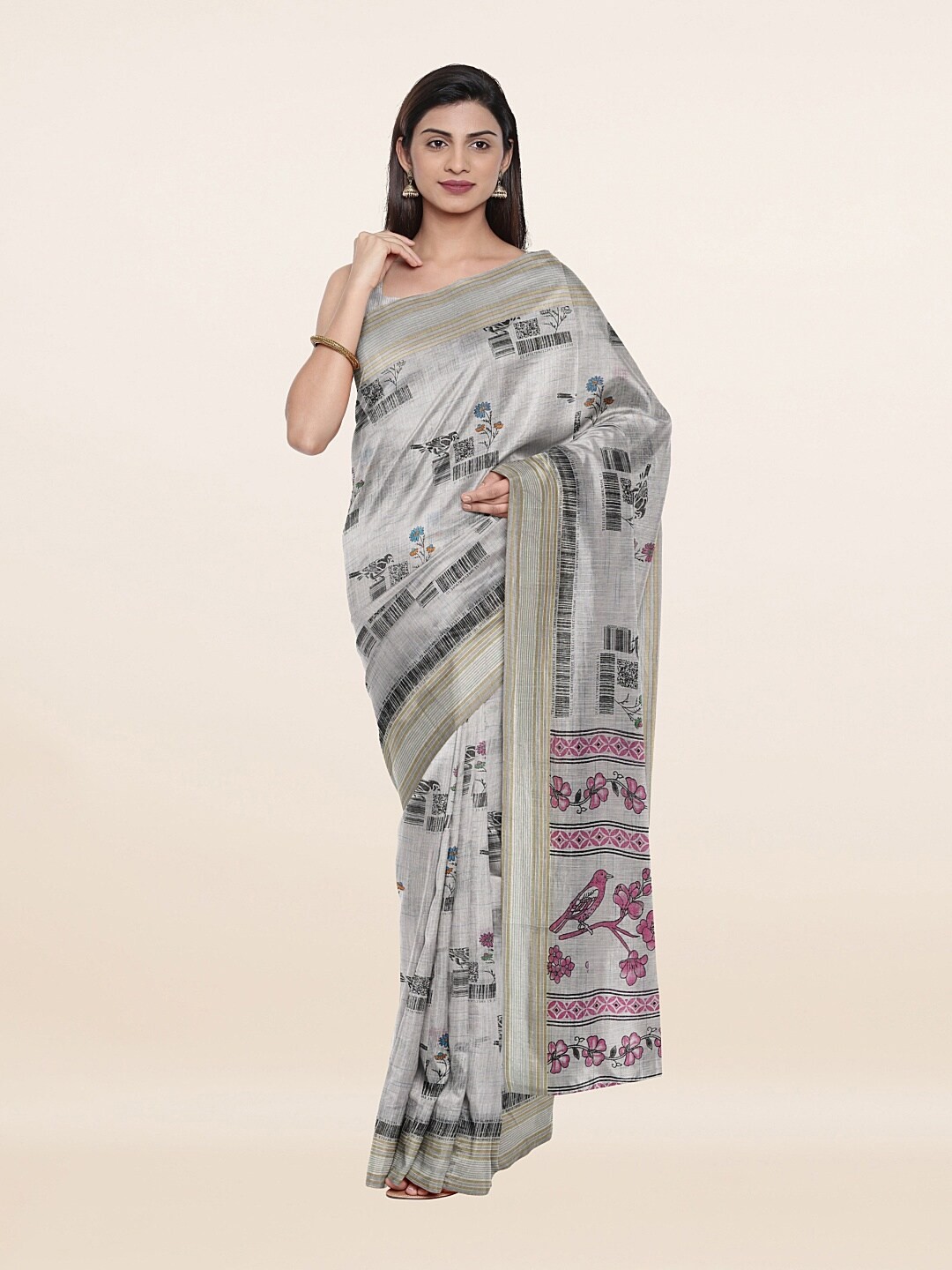 

Pothys Grey & Pink Floral Pure Cotton Saree