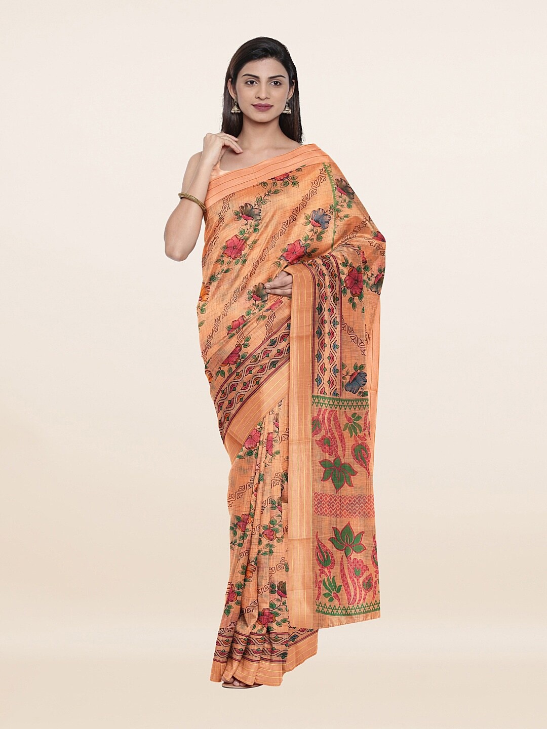 

Pothys Peach-Coloured & Green Floral Pure Cotton Saree