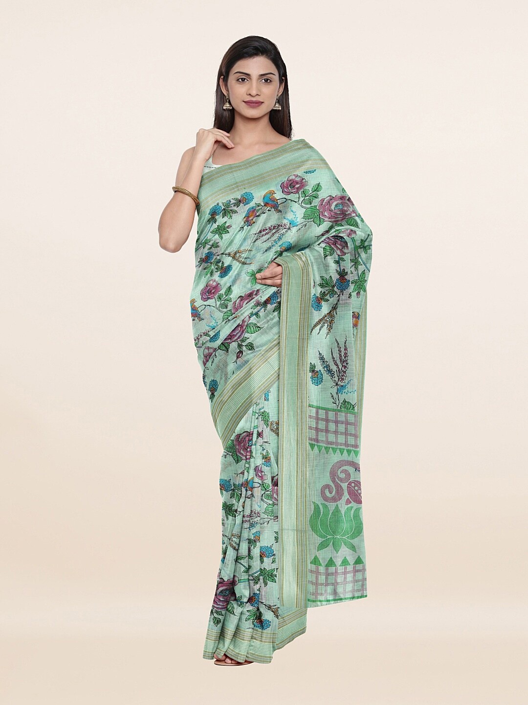

Pothys Green & Pink Floral Printed Pure Cotton Saree