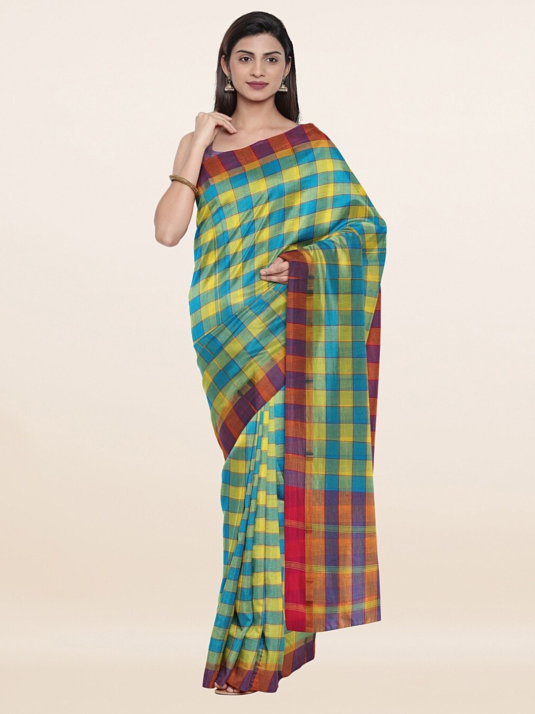 

Pothys Multicolored Checked Pure Cotton Saree, Multi