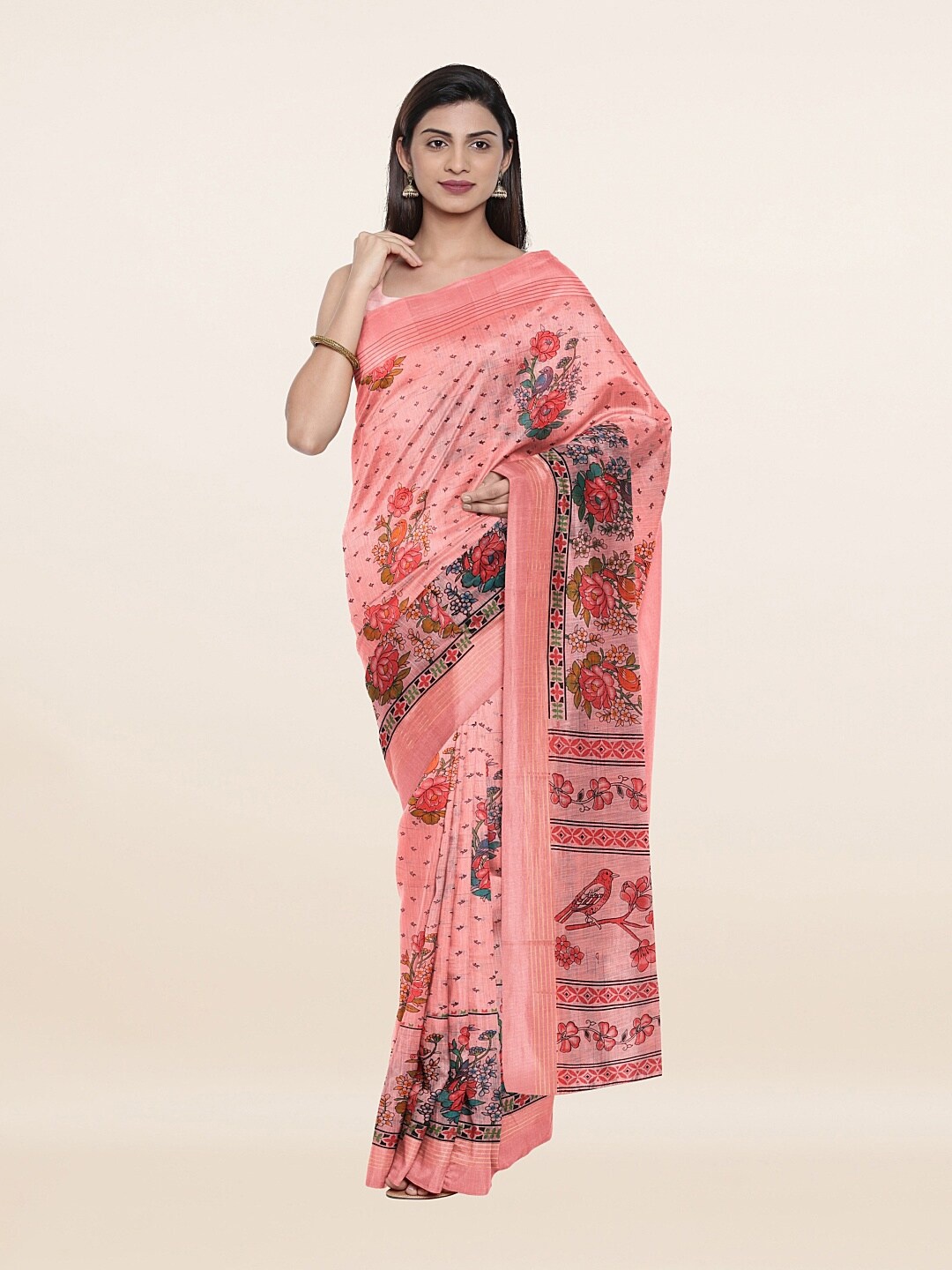 

Pothys Pink & Green Floral Pure Cotton Saree
