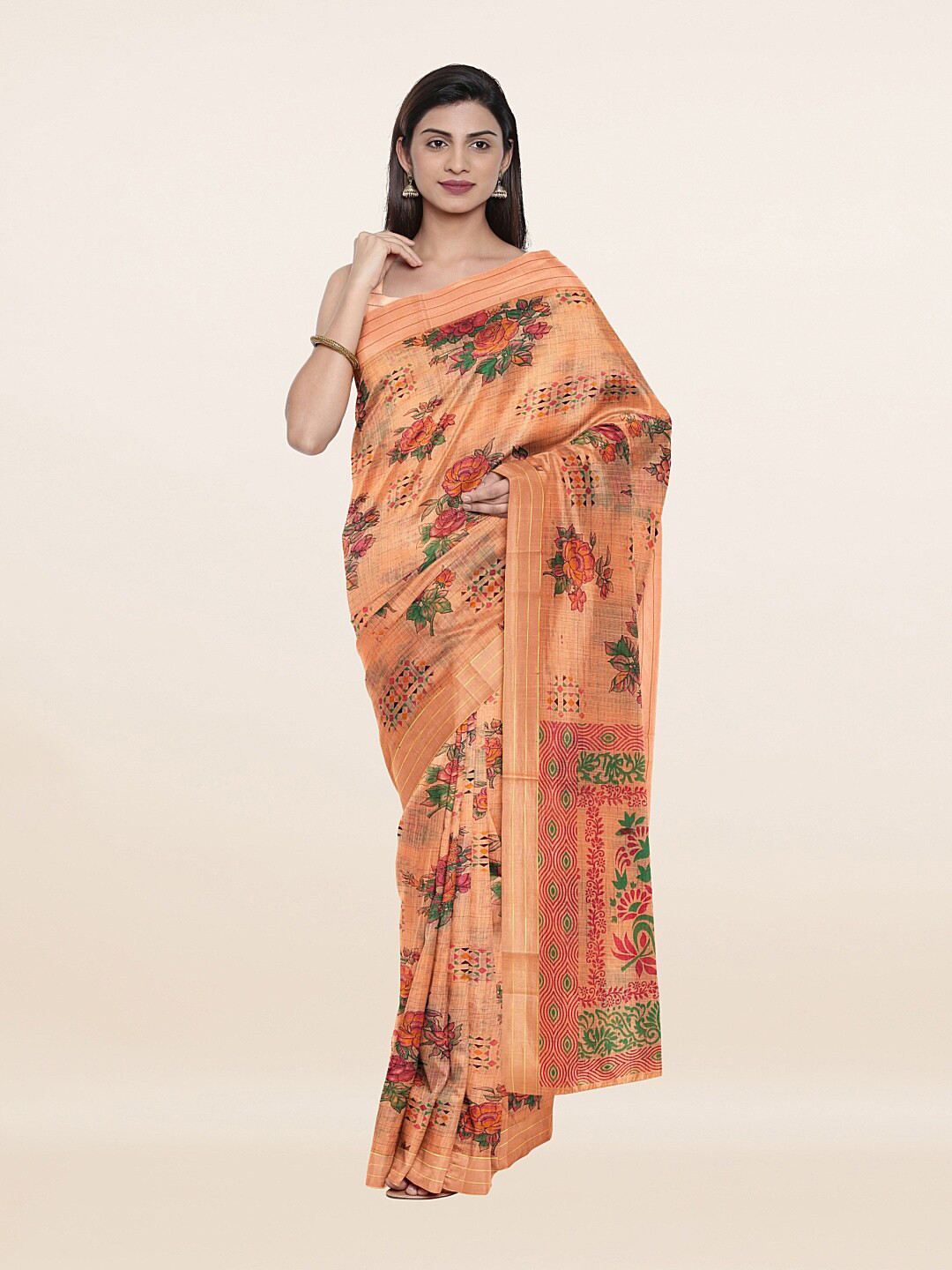 

Pothys Peach-Coloured & Red Floral Pure Cotton Saree