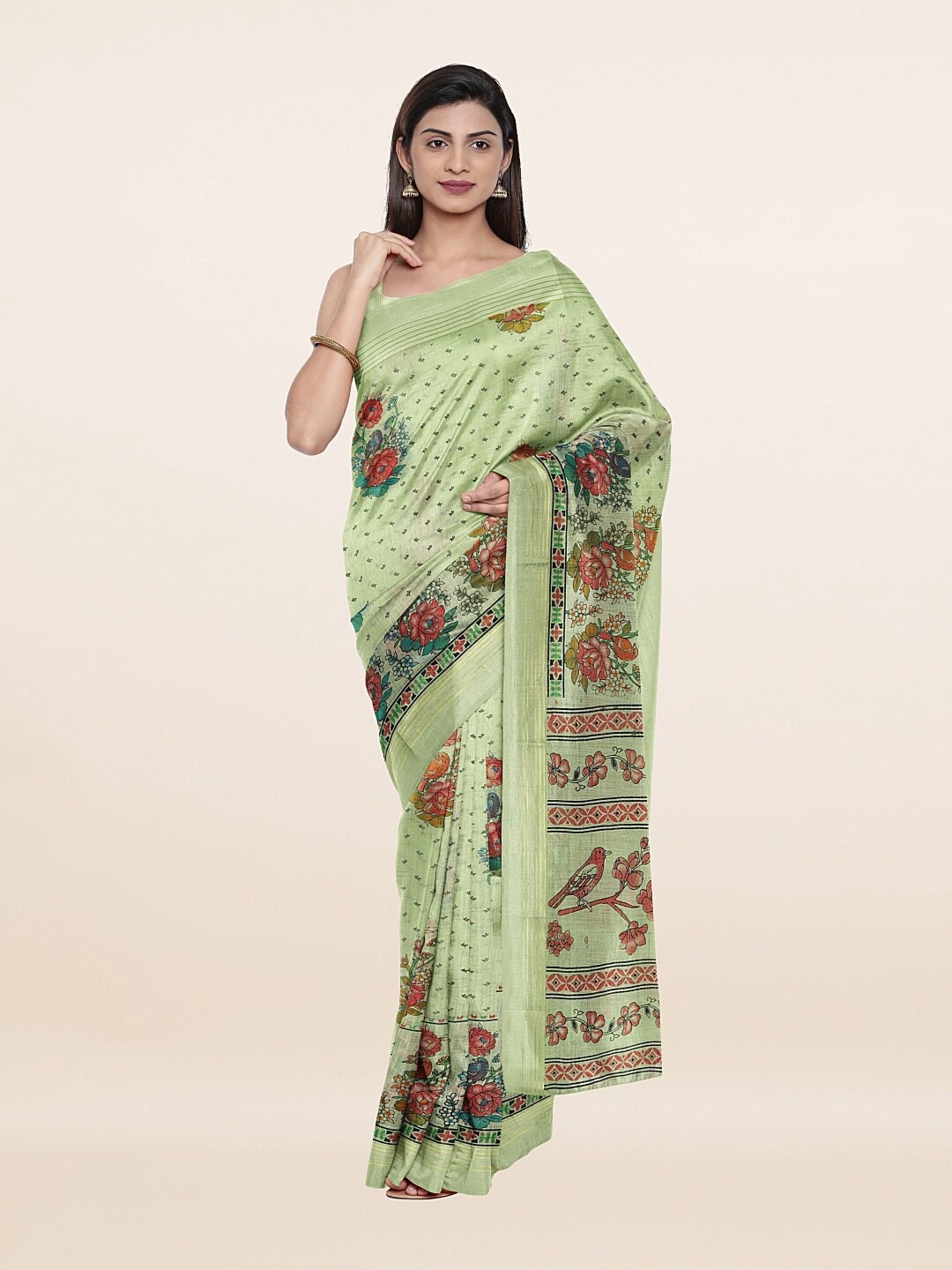 

Pothys Green & Red Floral Pure Cotton Saree