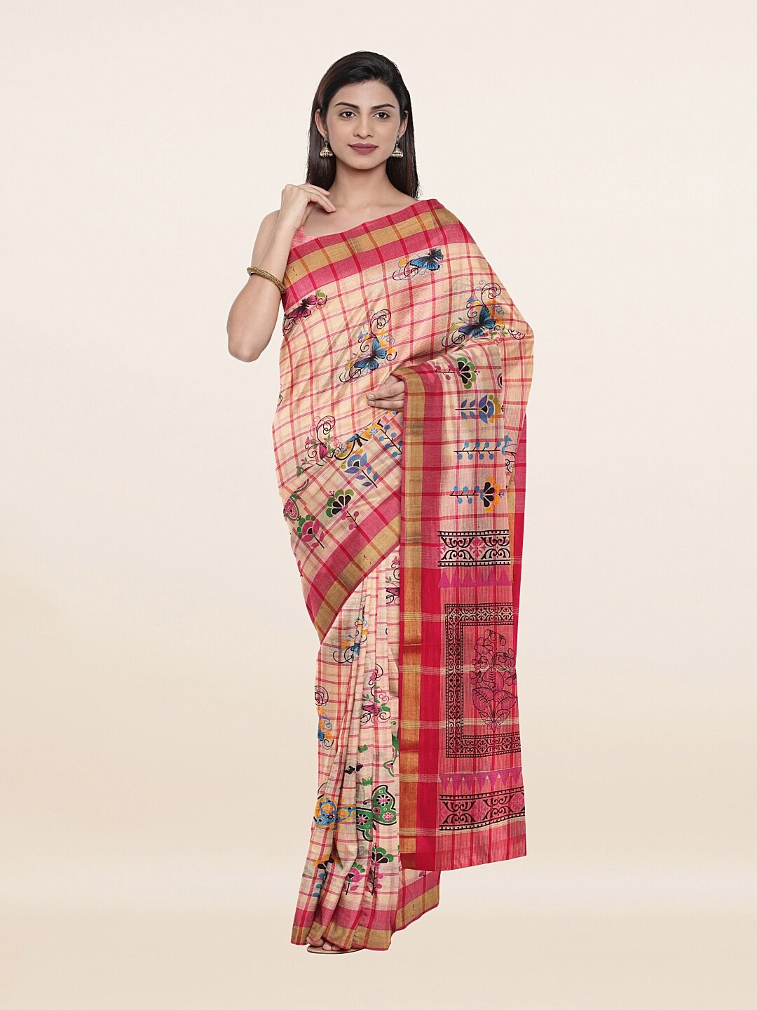 

Pothys Cream-Coloured & Pink Checked Pure Cotton Saree