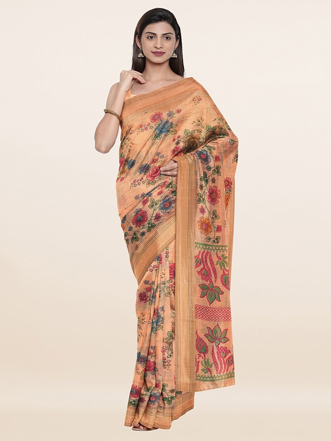 

Pothys Peach-Coloured & Green Floral Pure Cotton Saree