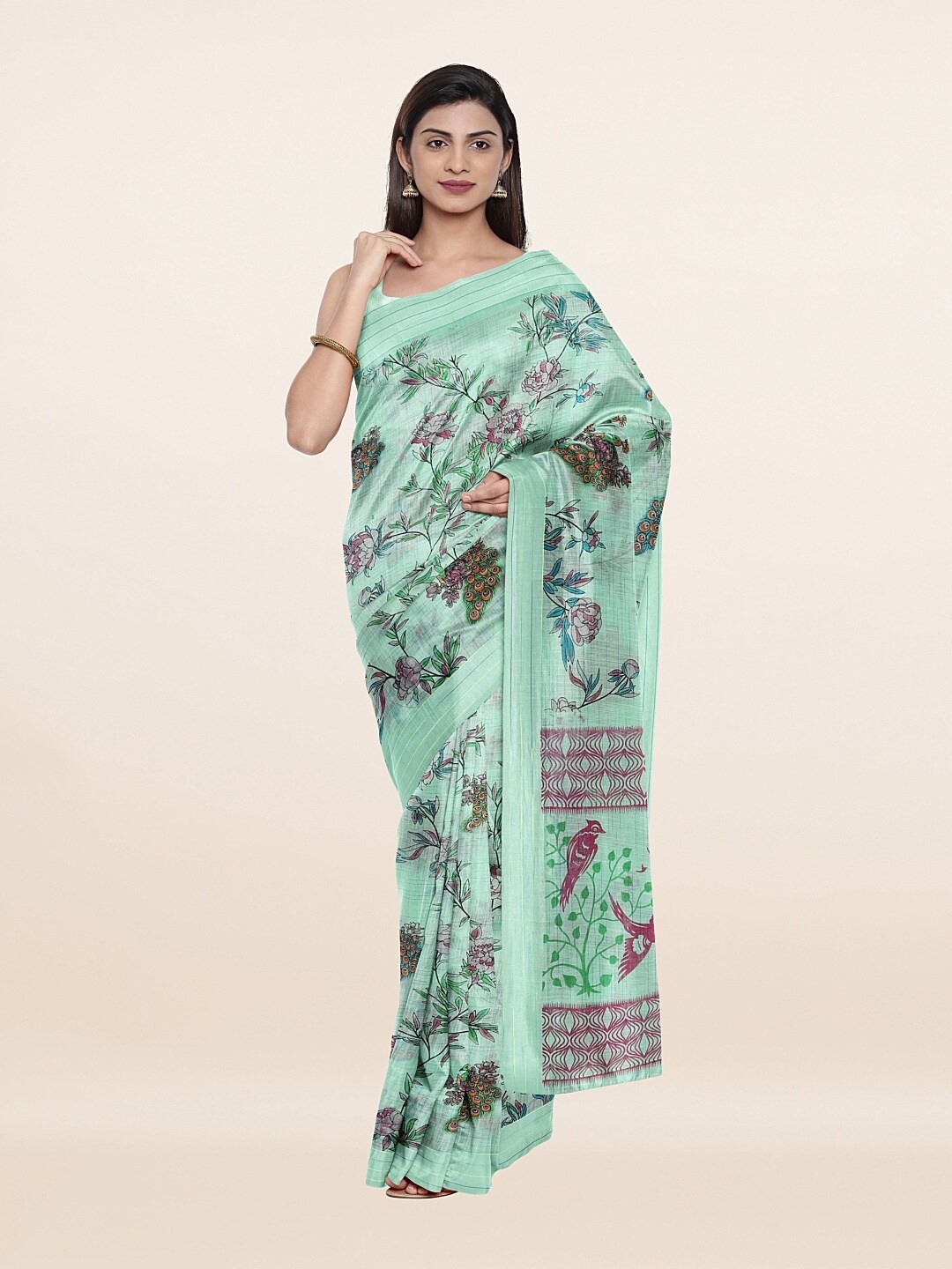 

Pothys Sea Green & Purple Floral Pure Cotton Saree