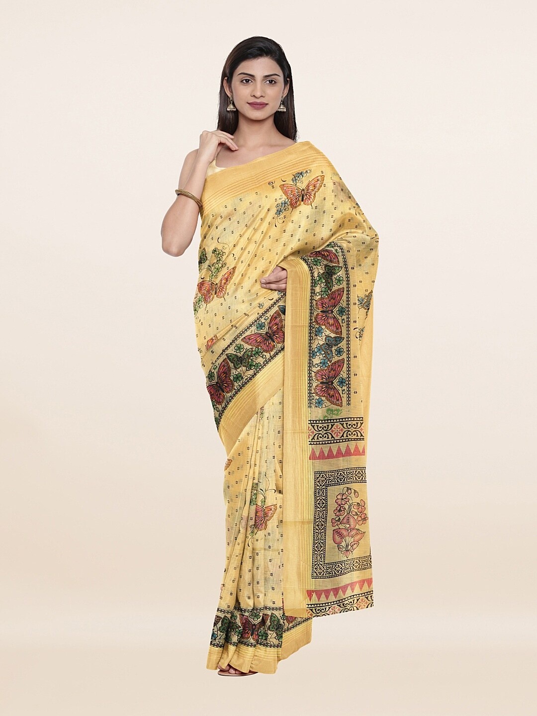 

Pothys Yellow & Rose Gold Floral Printed Pure Cotton Saree