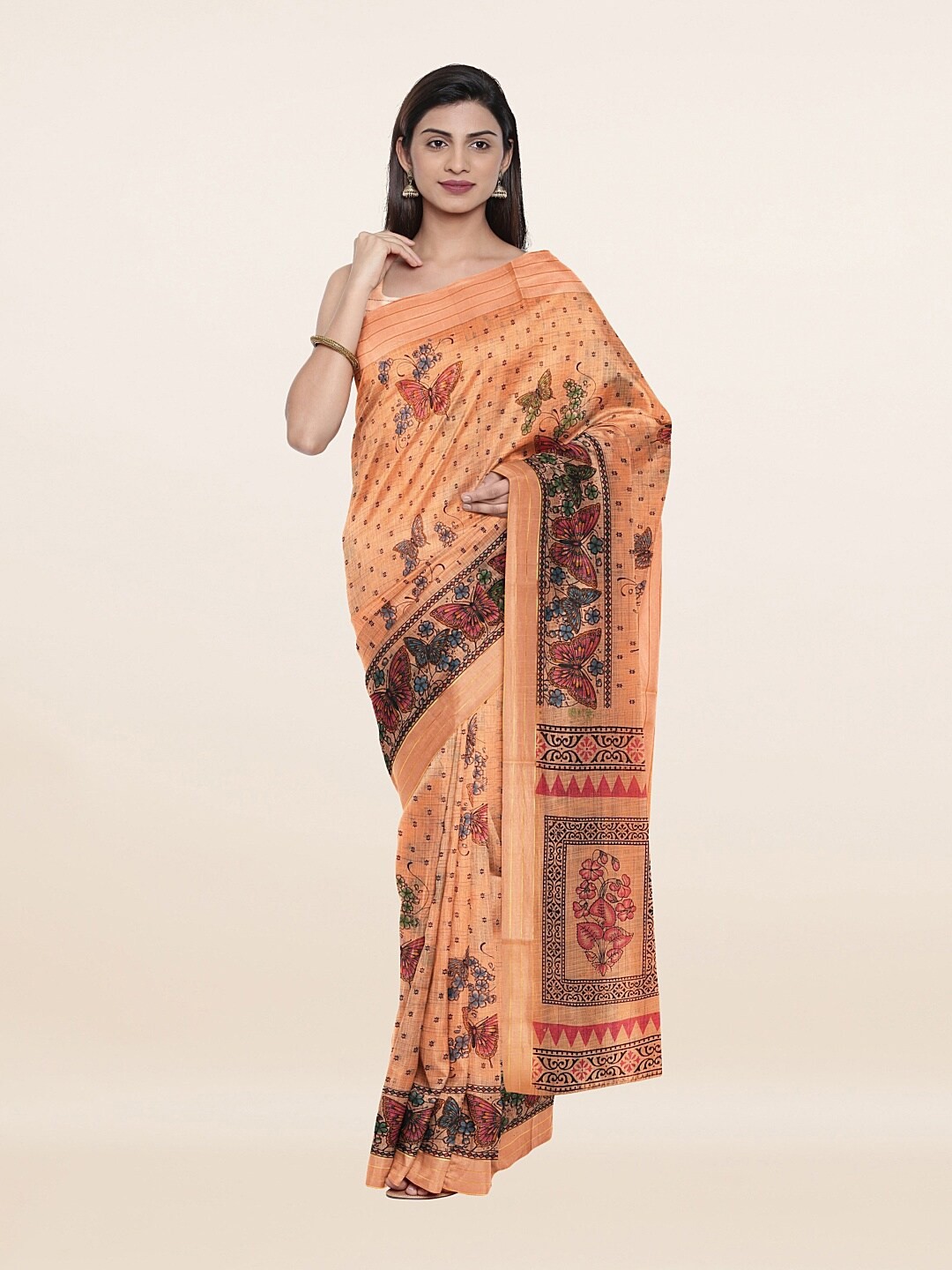 

Pothys Peach-Coloured & Black Floral Pure Cotton Saree