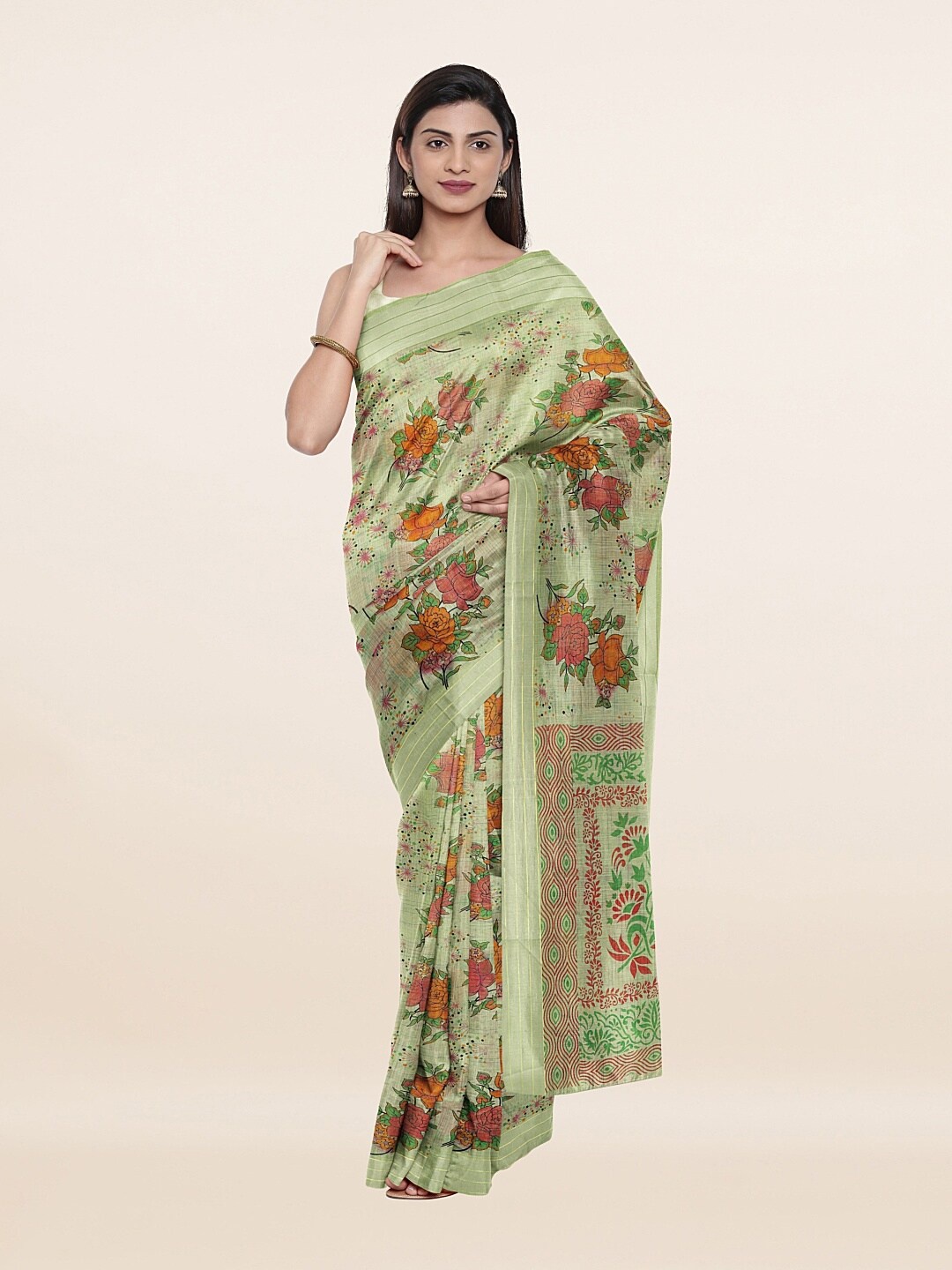 

Pothys Green & Red Floral Pure Cotton Saree