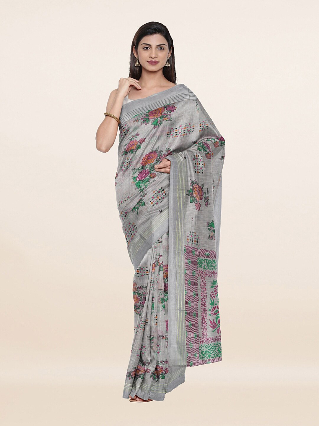 

Pothys Grey & Green Floral Pure Cotton Saree