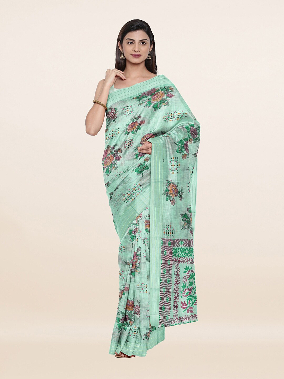 

Pothys Green & Pink Floral Pure Cotton Saree