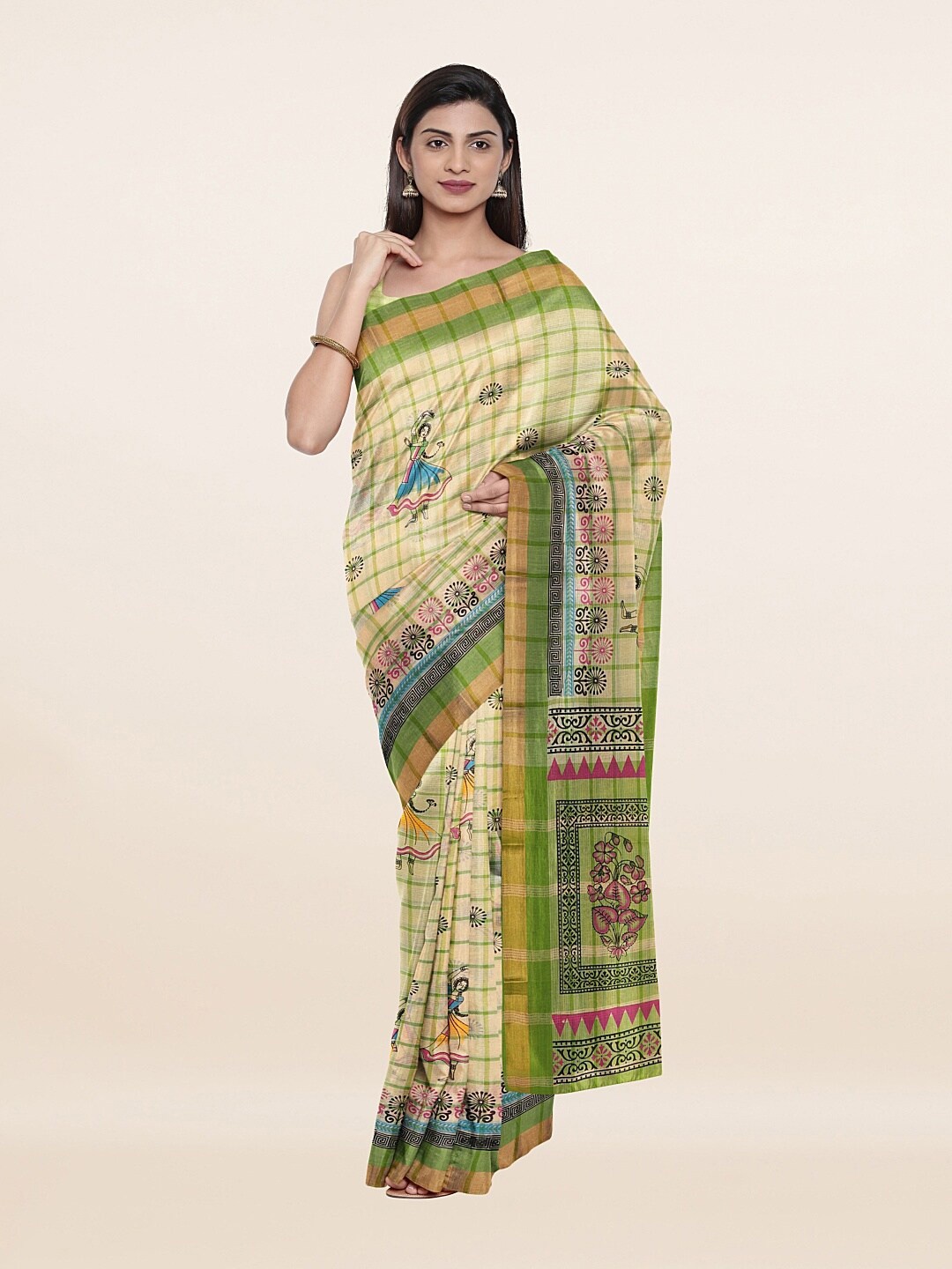 

Pothys Cream-Coloured & Blue Checked Zari Pure Cotton Saree