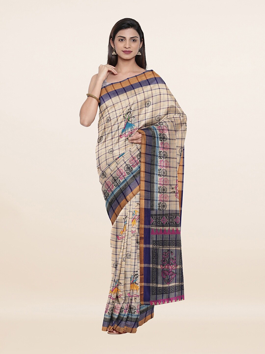 

Pothys Cream-Coloured & Blue Ethnic Motifs Pure Cotton Saree