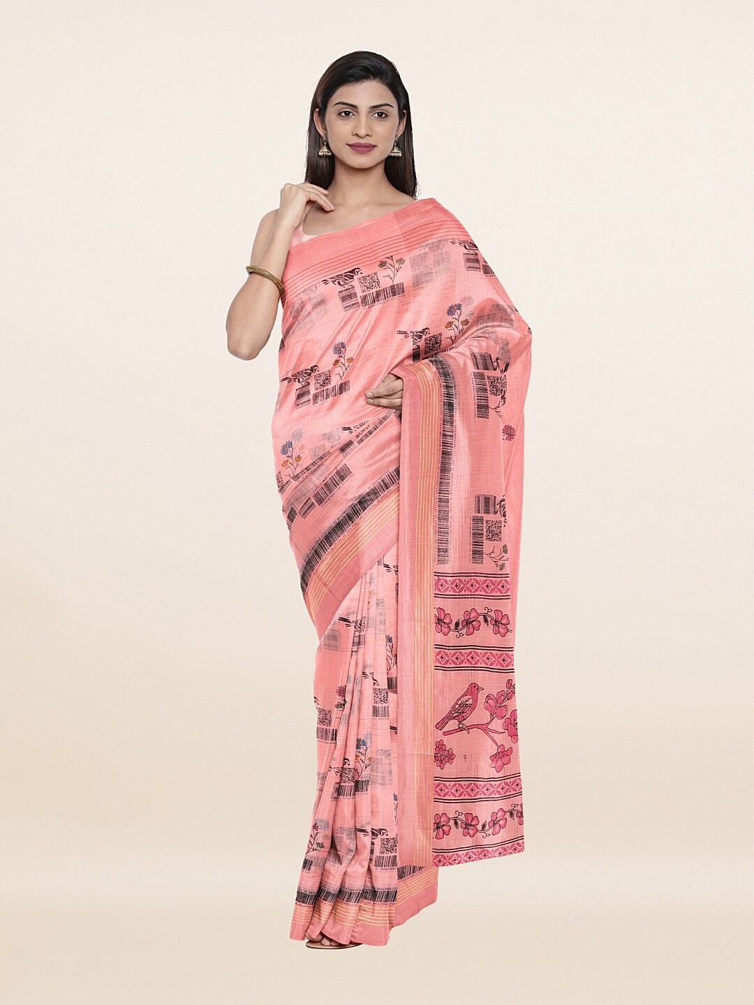 

Pothys Pink & Black Floral Pure Cotton Saree