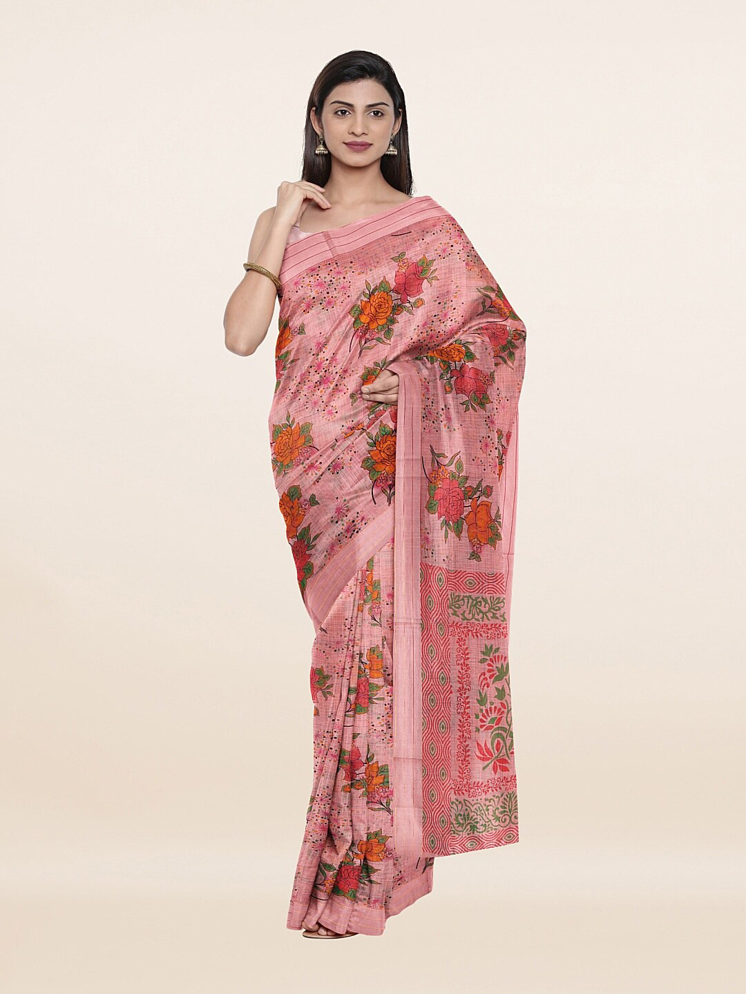 

Pothys Pink & Green Floral Pure Cotton Saree