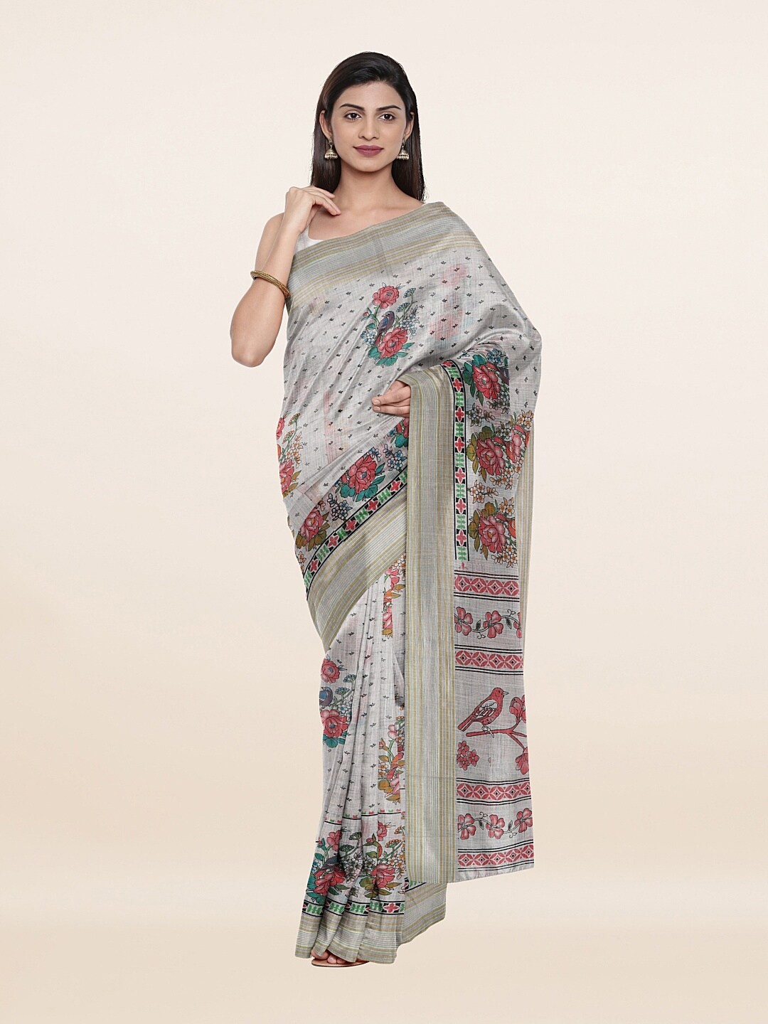 

Pothys Grey & Pink Floral Pure Cotton Saree