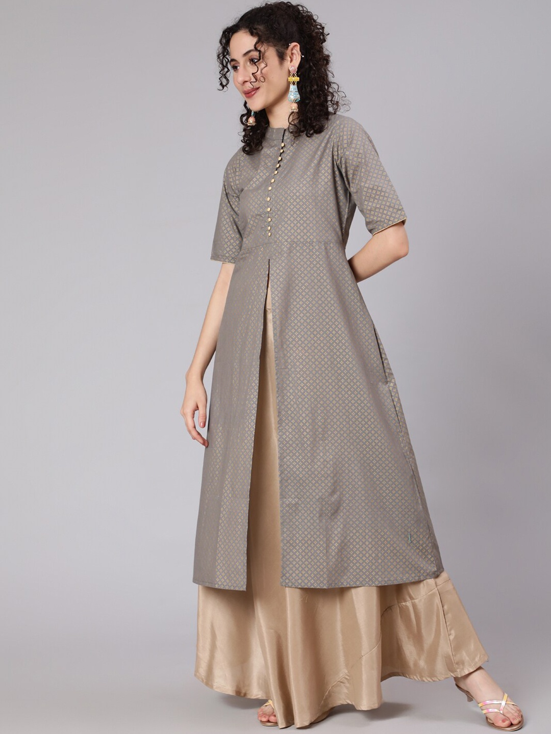 

Awadhi Women Grey Printed Embellished A-Line Kurta