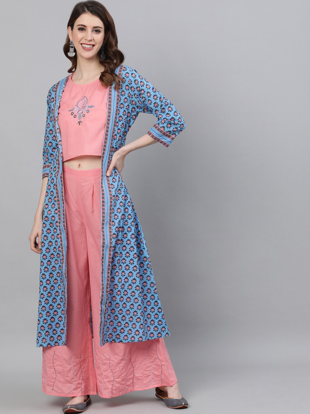 

Awadhi Pink Embroidered Crop Top With Palazzo Printed Jacket