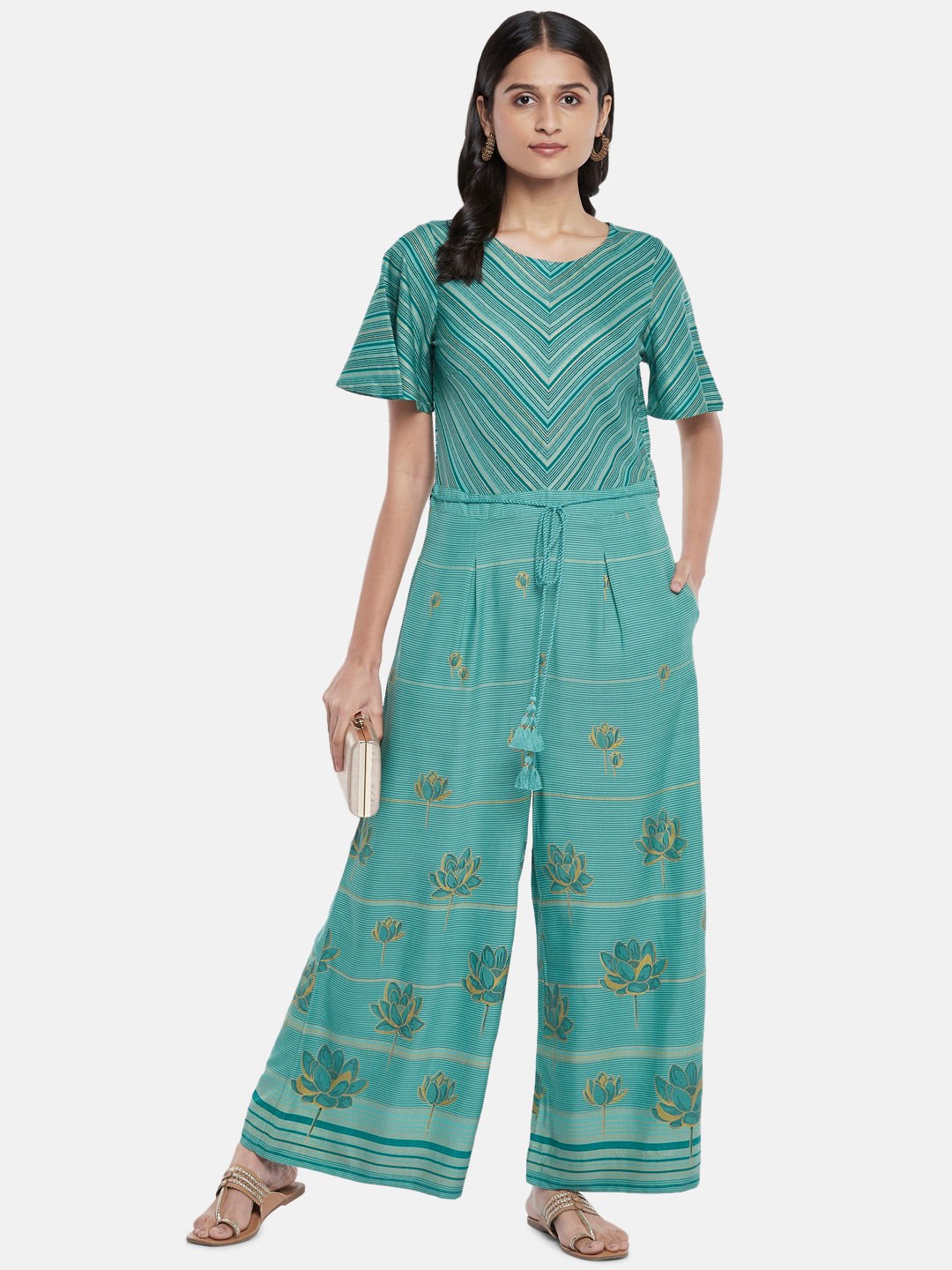 

AKKRITI BY PANTALOONS Green Striped Culotte Jumpsuit