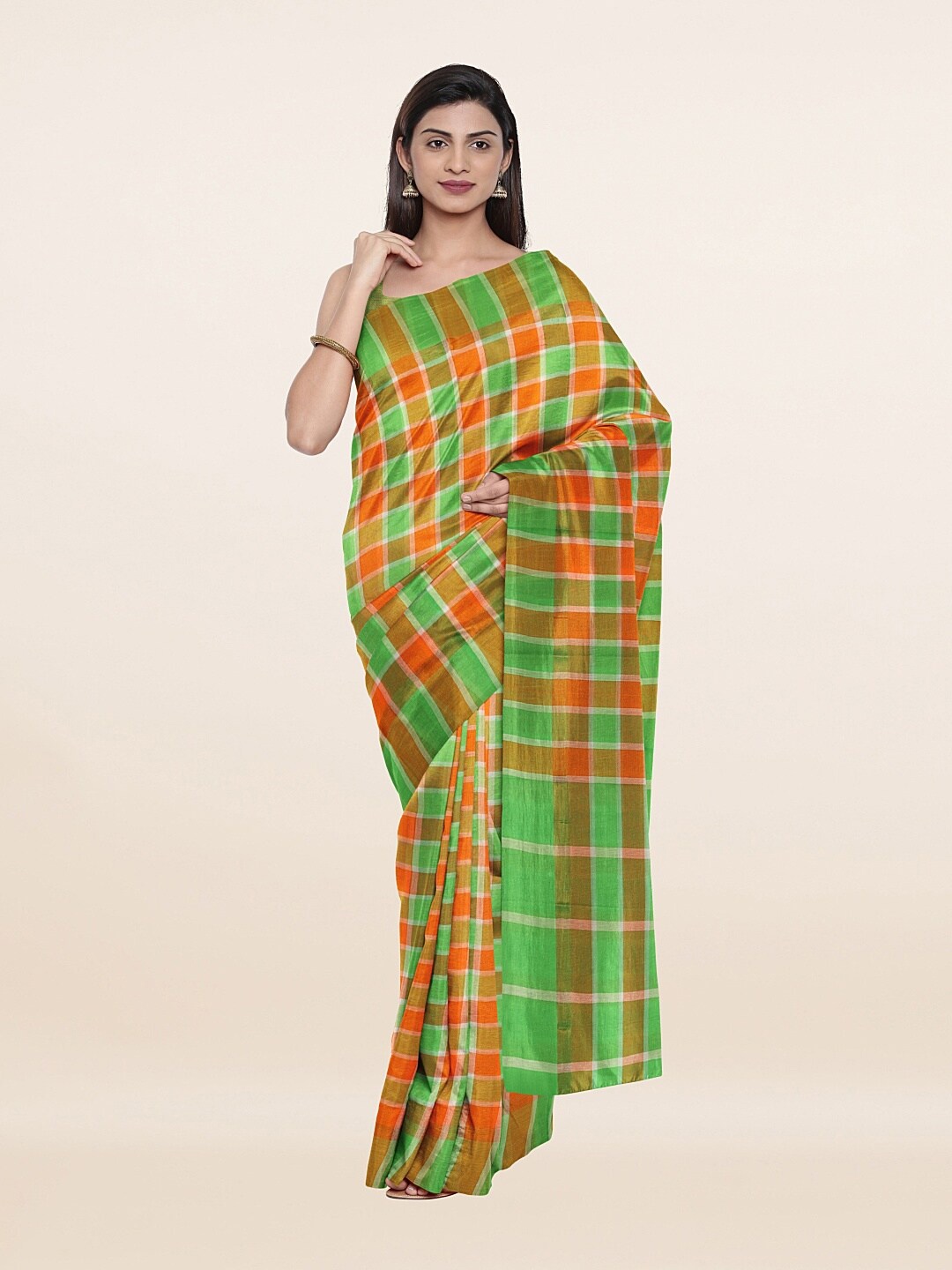 

Pothys Green & Orange Checked Pure Cotton Saree