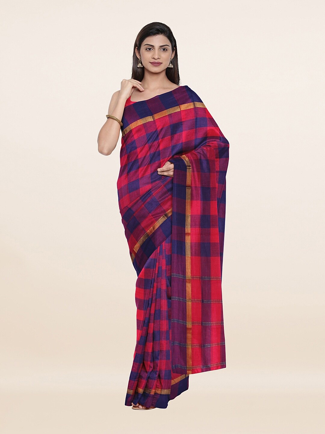 

Pothys Red & Blue Checked Pure Cotton Saree