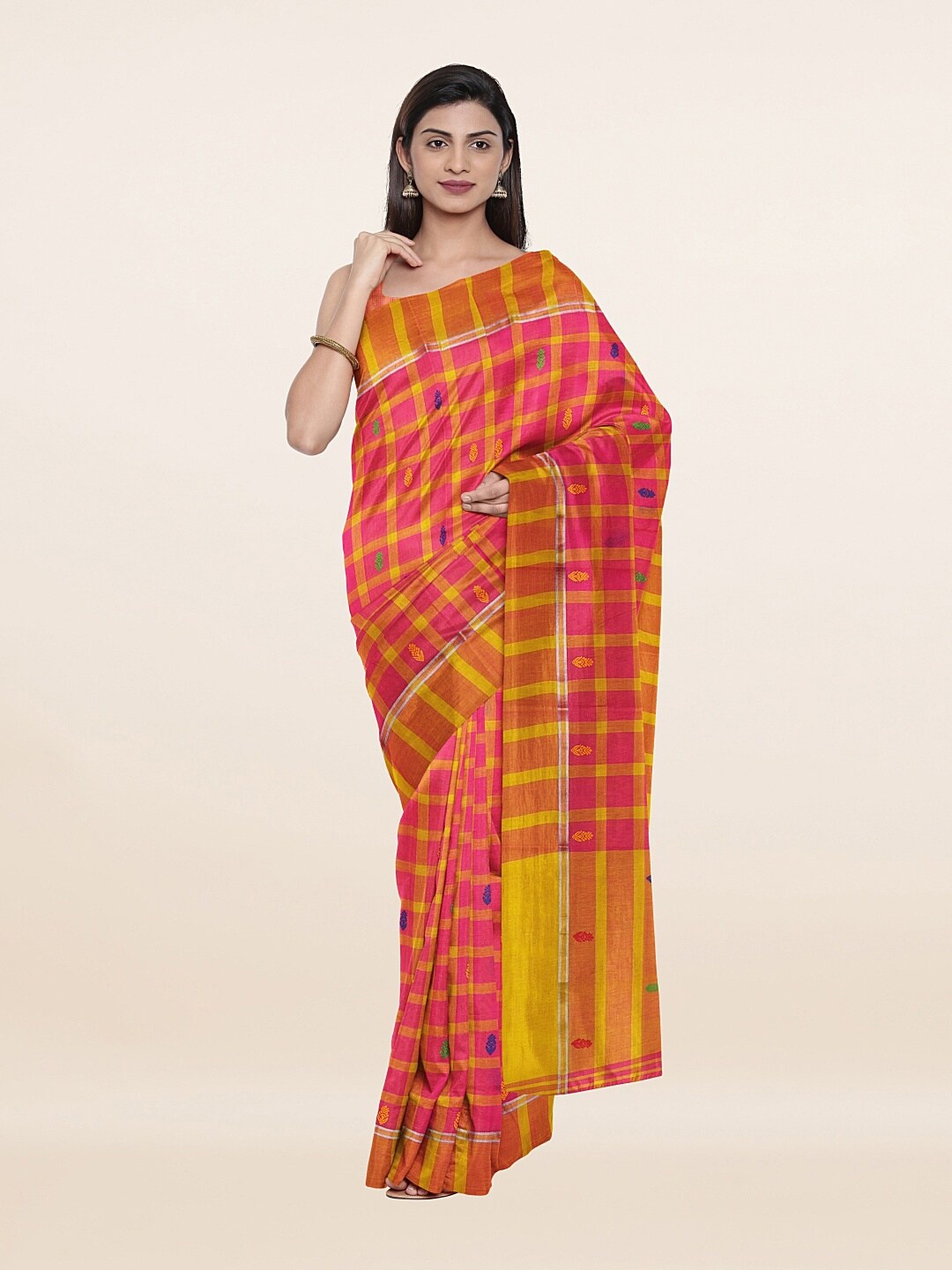 

Pothys Pink & Gold-Toned Checked Pure Cotton Saree