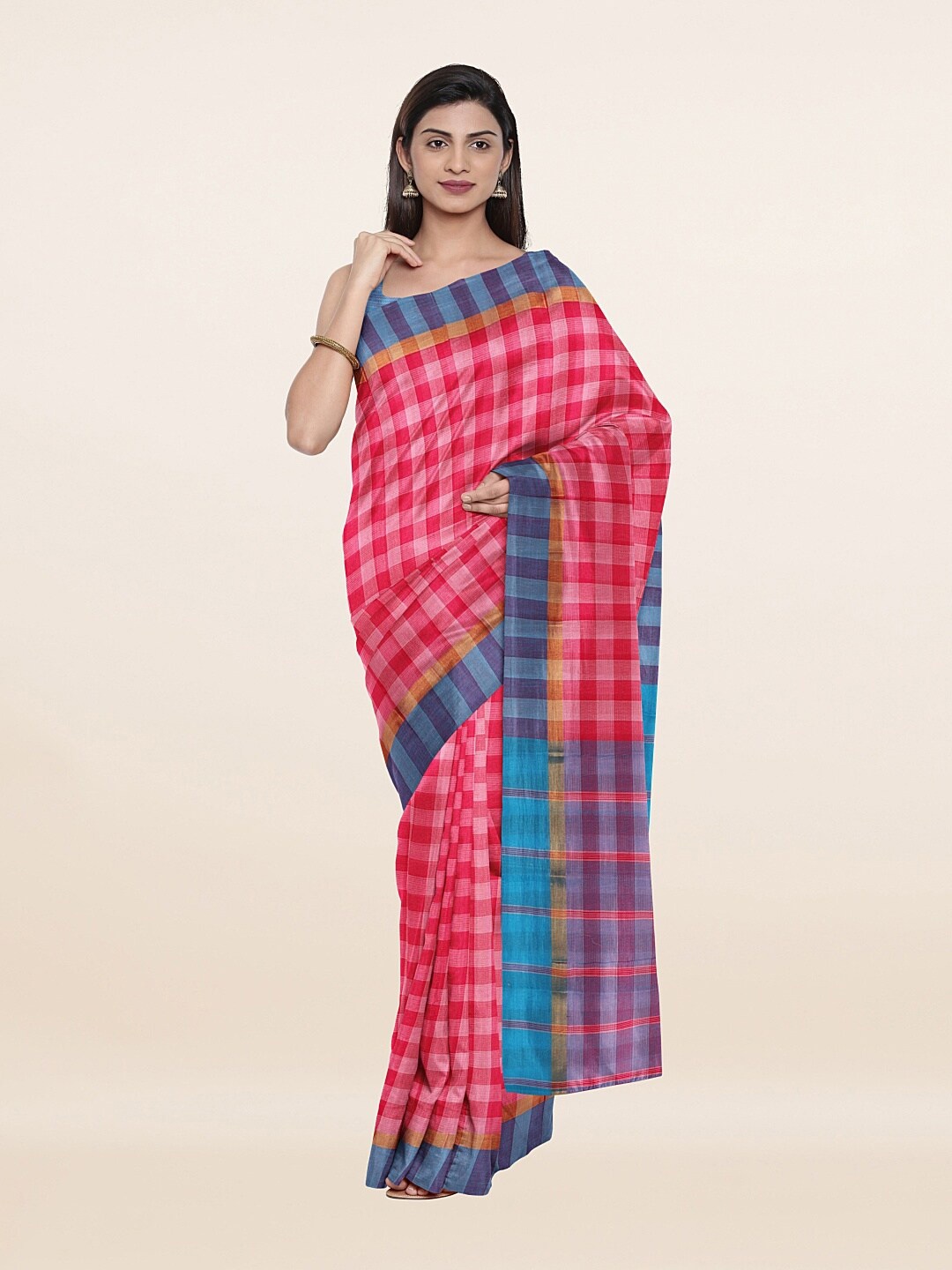 

Pothys Pink & Blue Checked Pure Cotton Saree