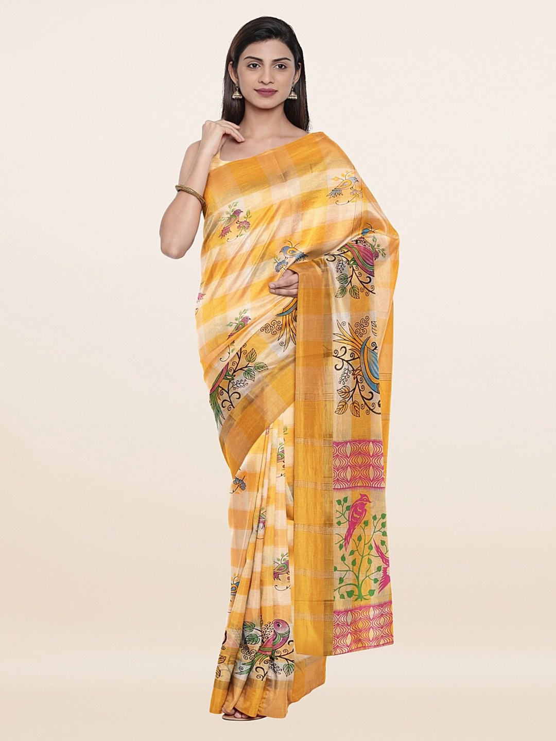 

Pothys Yellow & White Checked Pure Cotton Saree