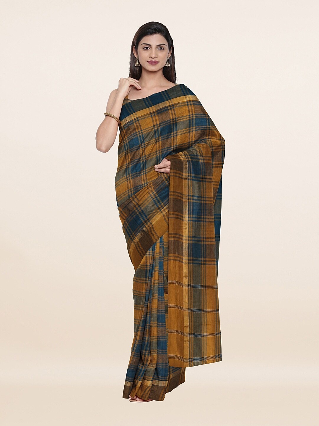 

Pothys Blue & Grey Checked Pure Cotton Saree