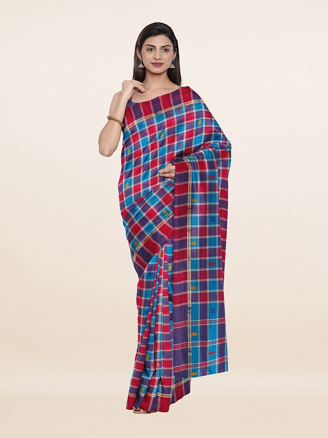 

Pothys Blue & Red Checked Pure Cotton Saree