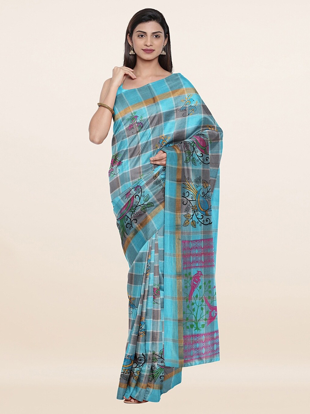 

Pothys Blue & Pink Checked Pure Cotton Saree