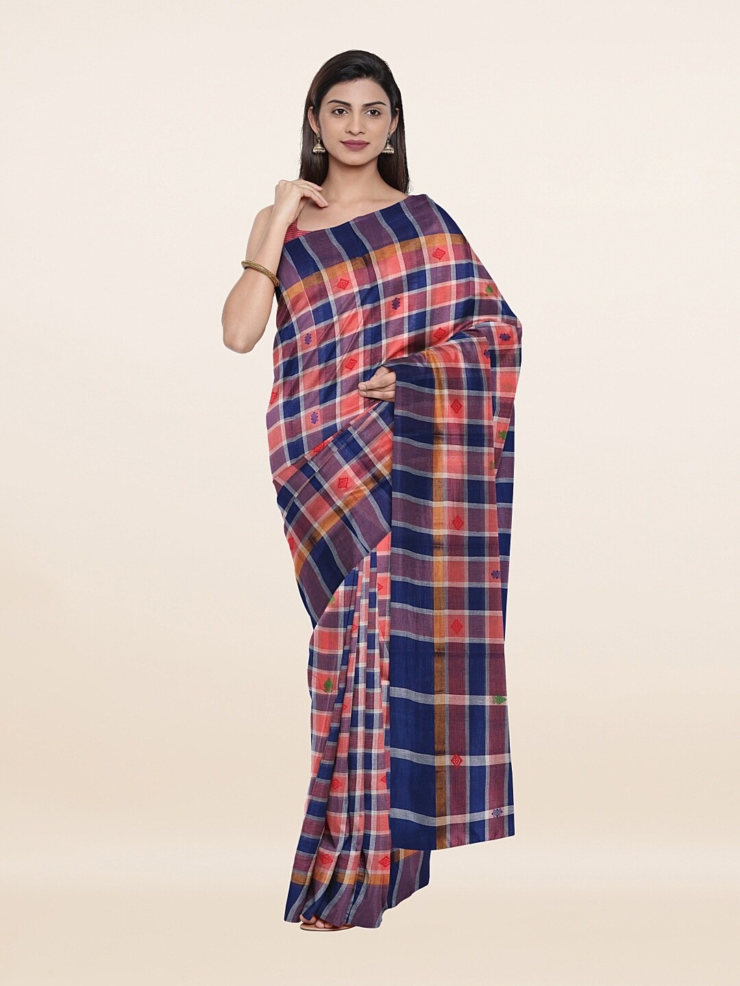 

Pothys Blue & Pink Checked Pure Cotton Saree