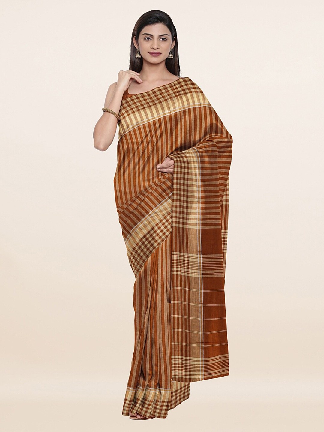 

Pothys Brown & Beige Striped Pure Cotton Saree