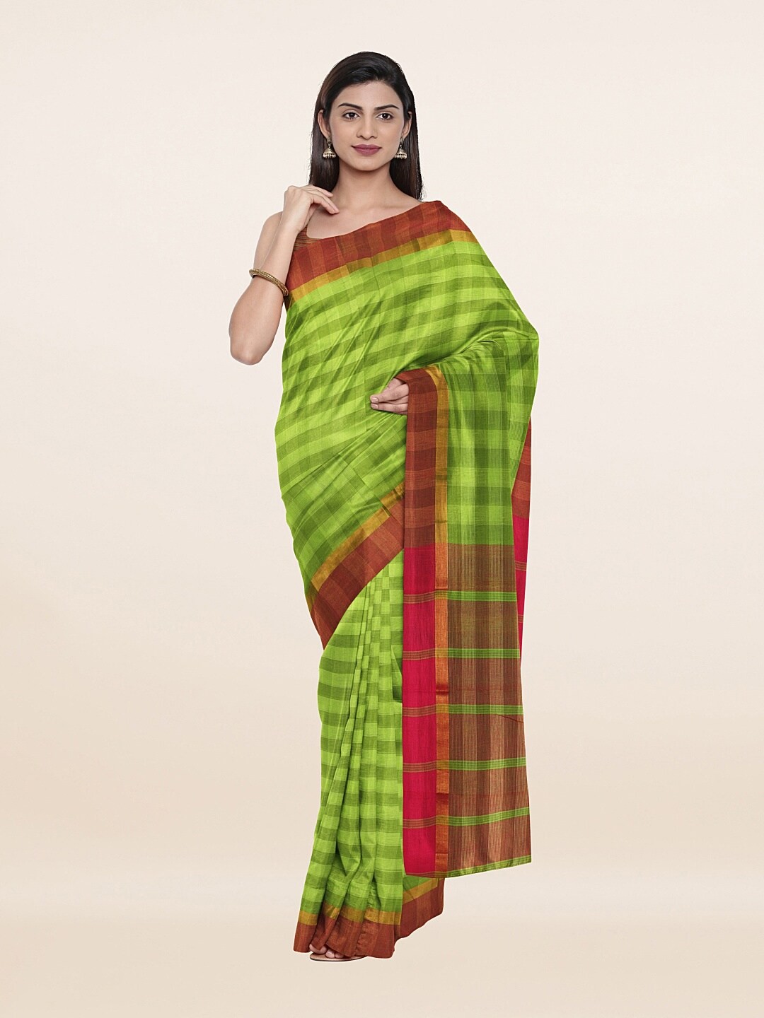 

Pothys Green & Red Checked Pure Cotton Saree