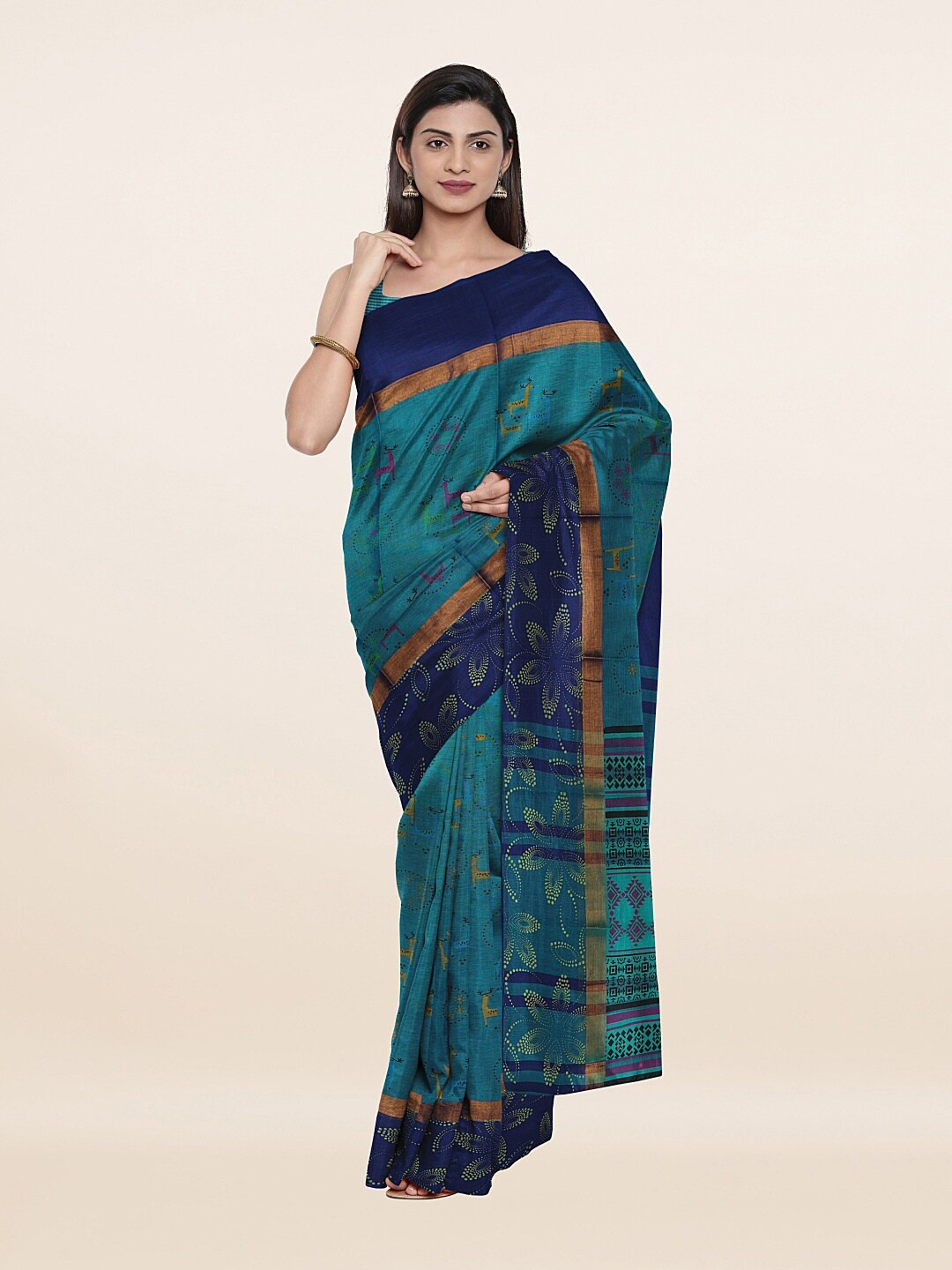 

Pothys Blue & Gold-Toned Floral Pure Cotton Saree