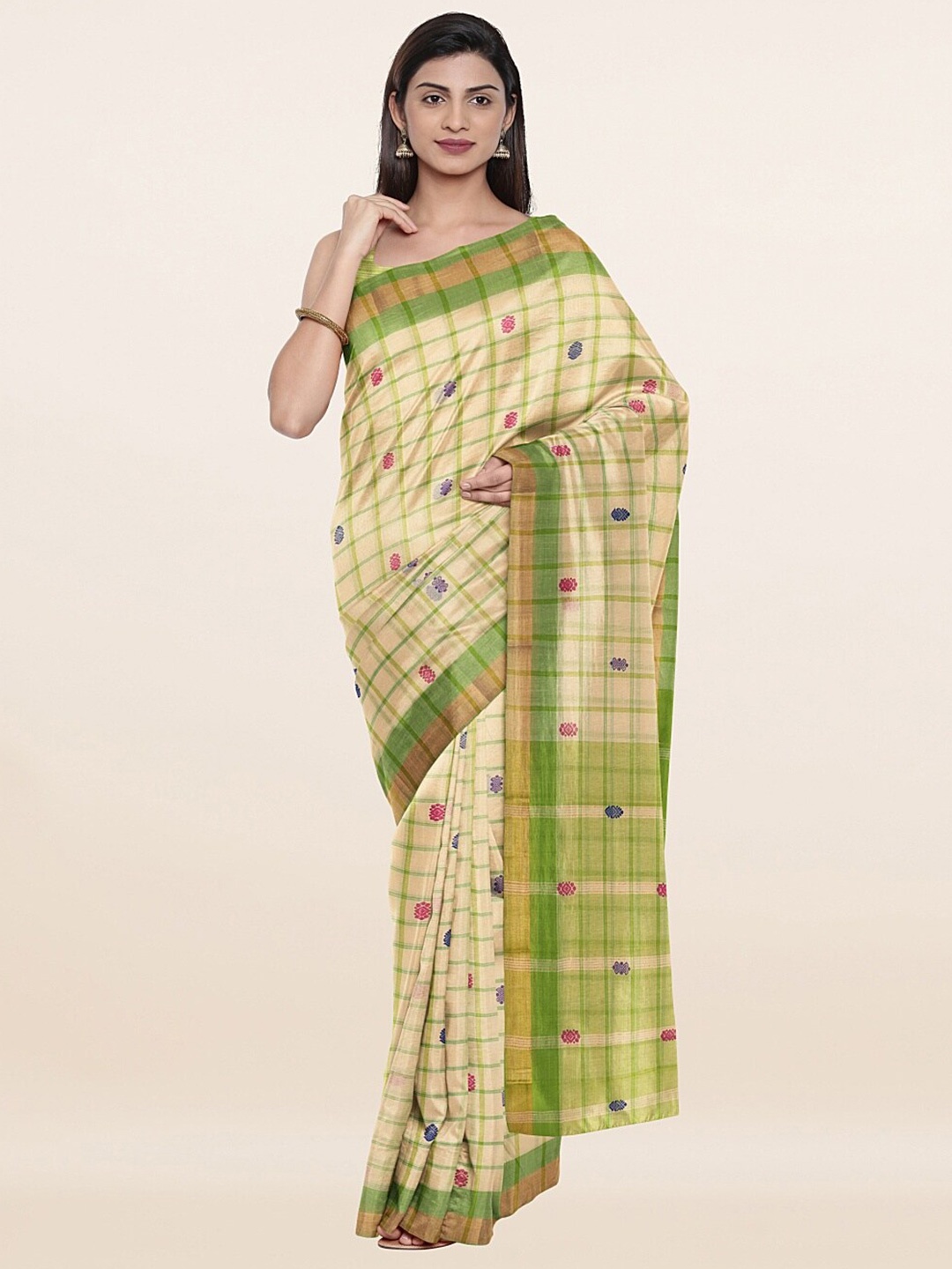 

Pothys Cream-Coloured & Green Checked Pure Cotton Saree