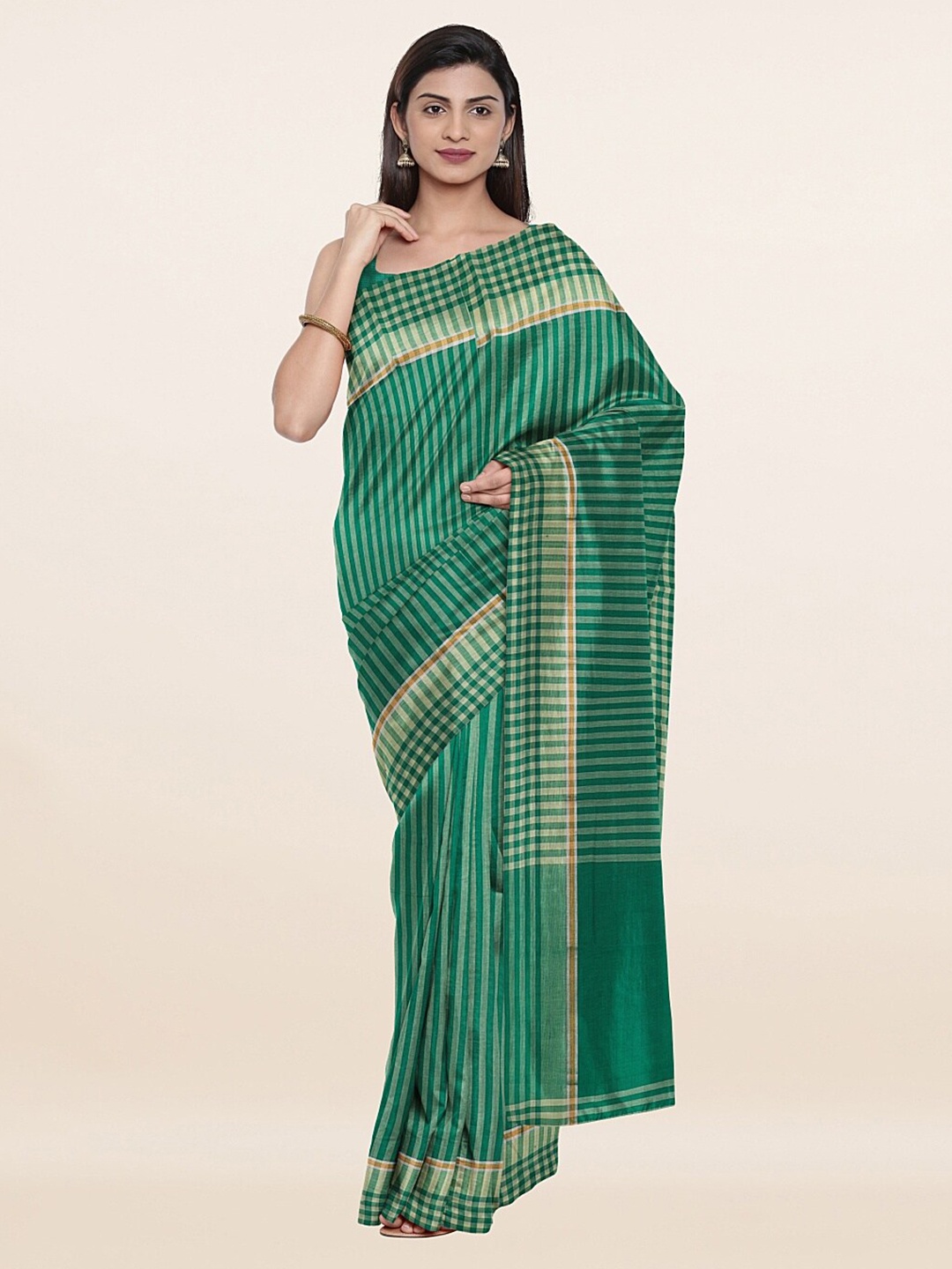 

Pothys Green & Gold-Toned Striped Pure Cotton Saree