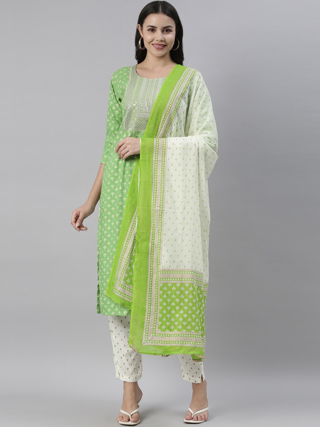 

Pashmoda Women Green Printed Thread Work Kurta with Trousers & Dupatta