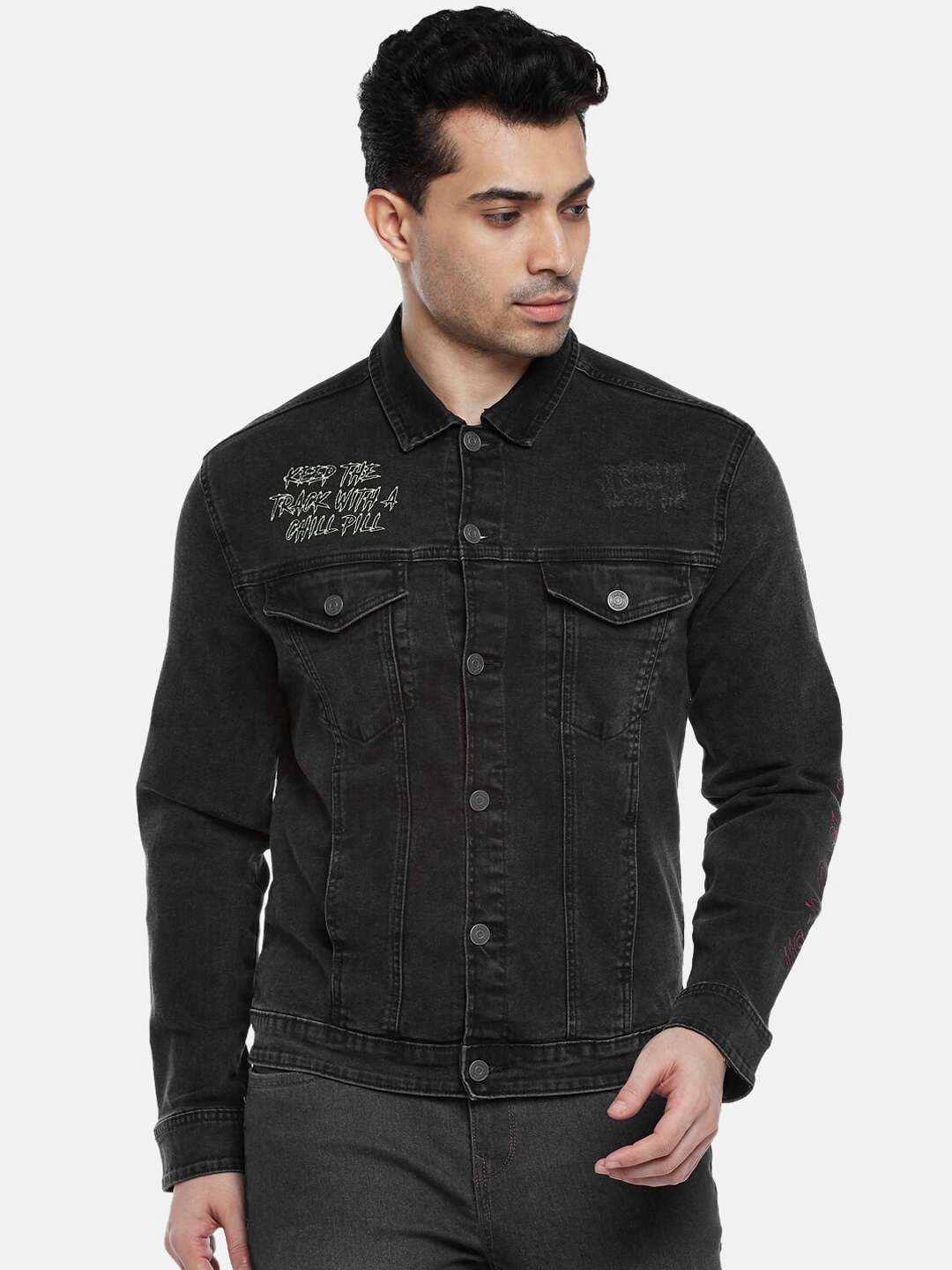 

People Men Black Solid Denim Jacket