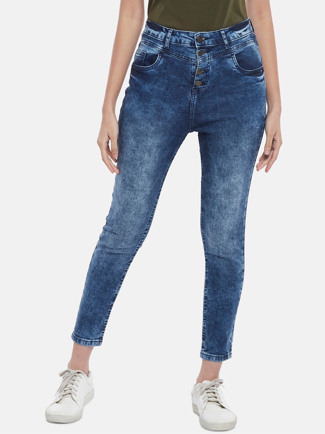 

People Women Navy Blue High-Rise Heavy Fade Cotton Cropped Jeans