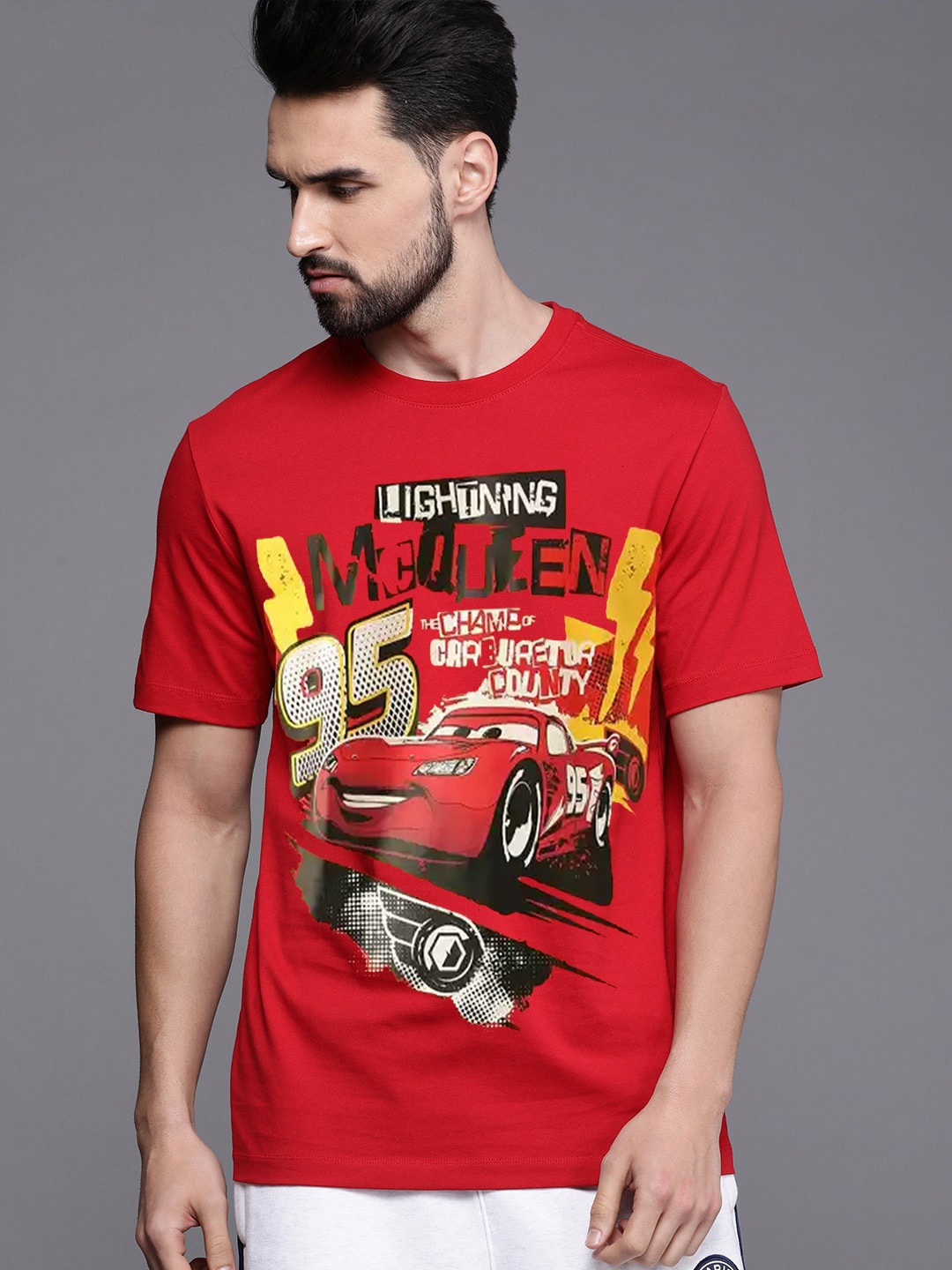 

VEIRDO Men Disney Typography Cars Printed Cotton Oversized T-shirt, Red