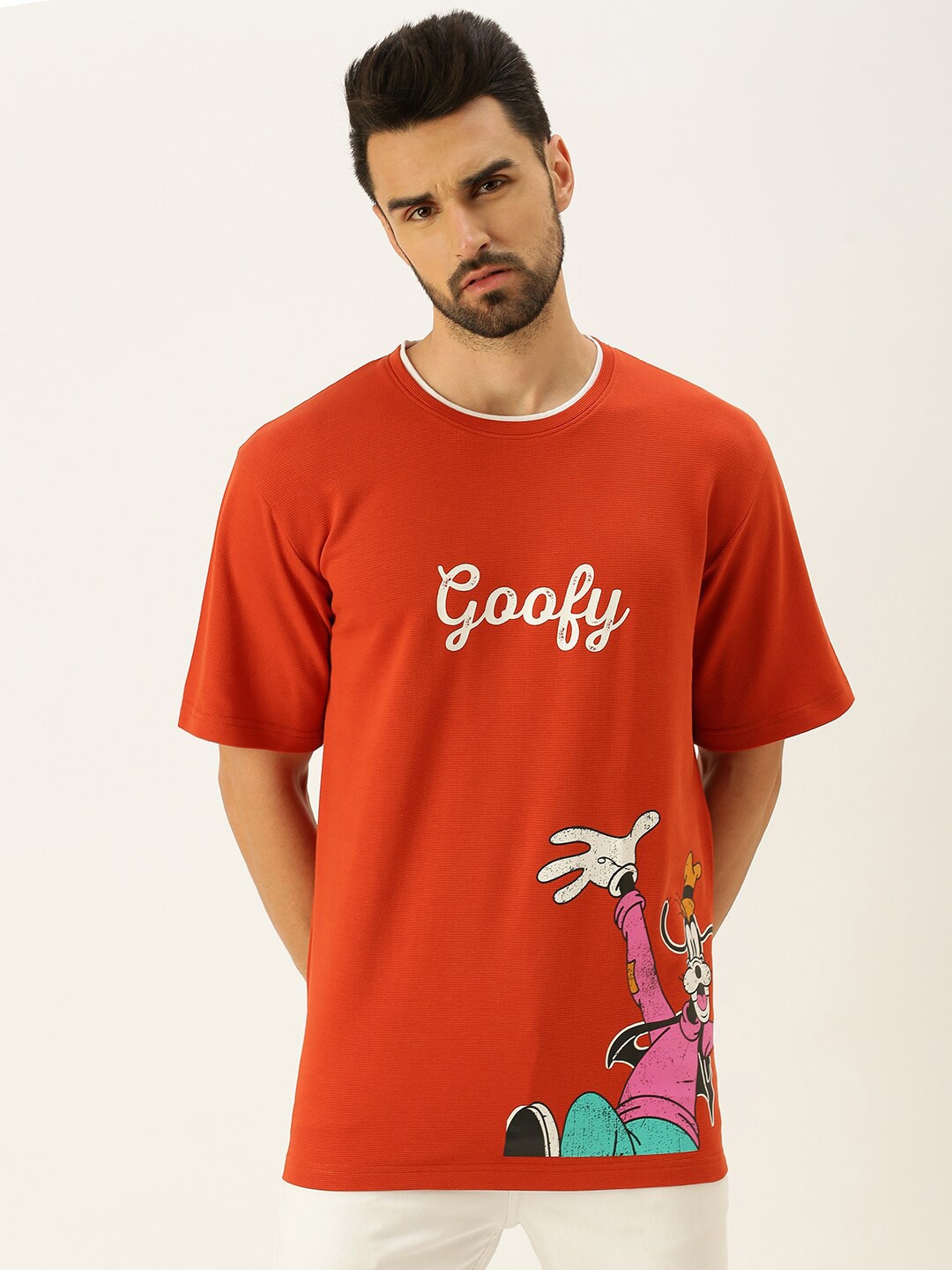 

VEIRDO Men Orange Goofy Printed Oversize T-shirt