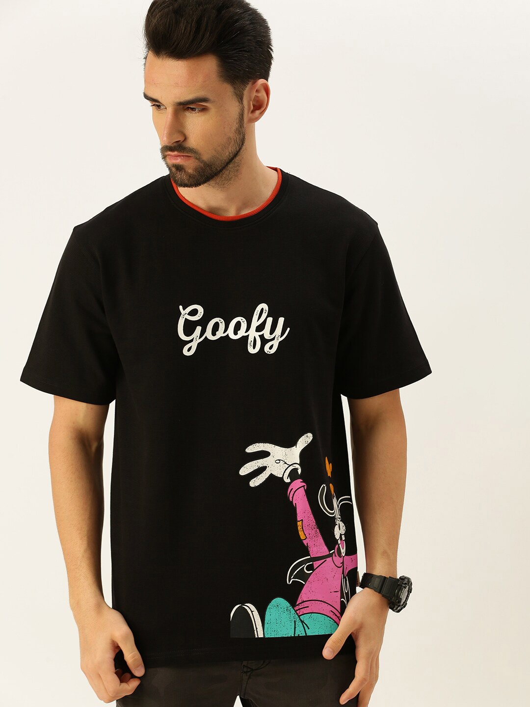 

VEIRDO Men Black Goofy Printed Cotton Oversized T-shirt