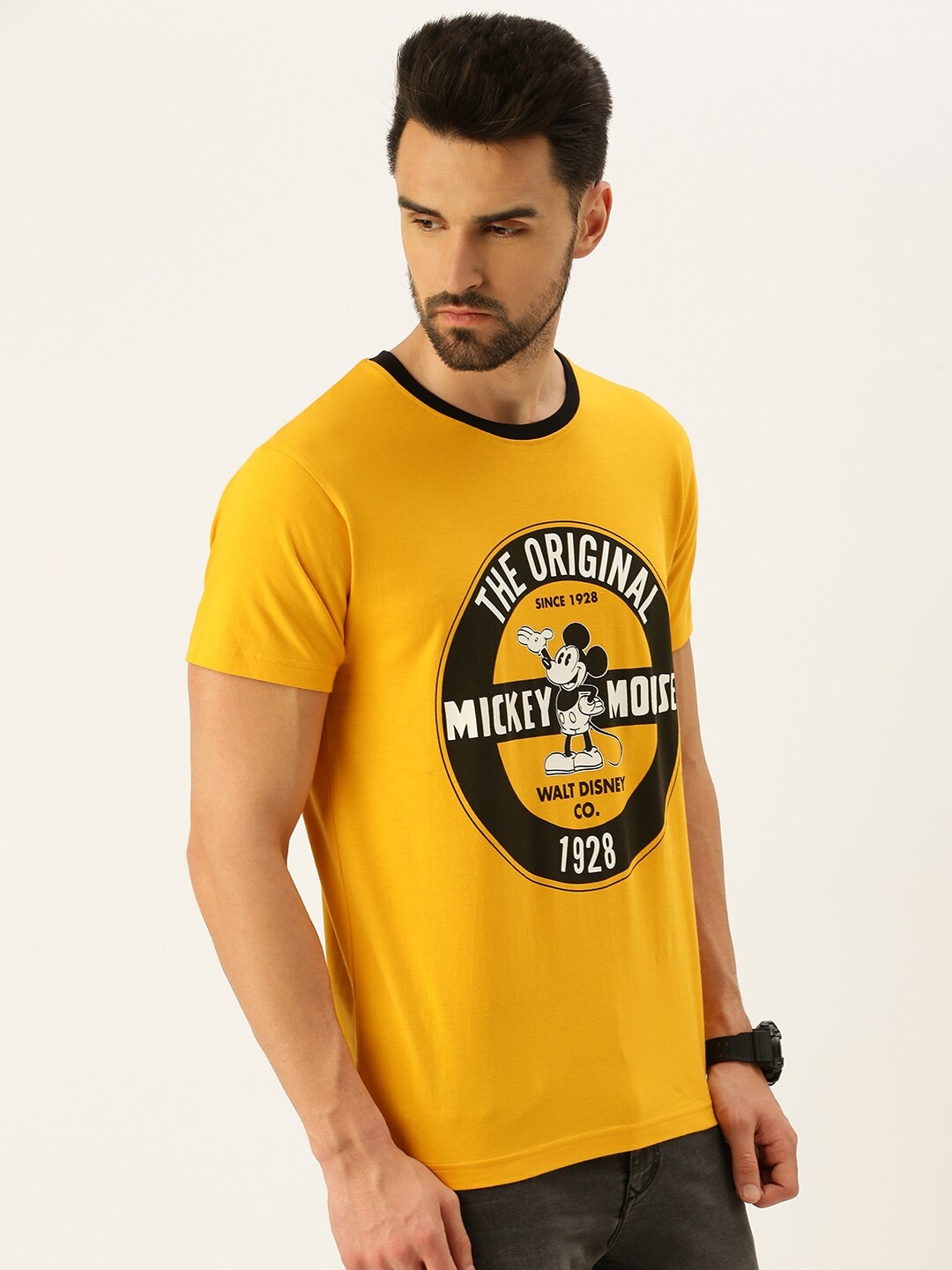 

VEIRDO Men Yellow Mickey Mouse Typography Printed Cotton T-shirt
