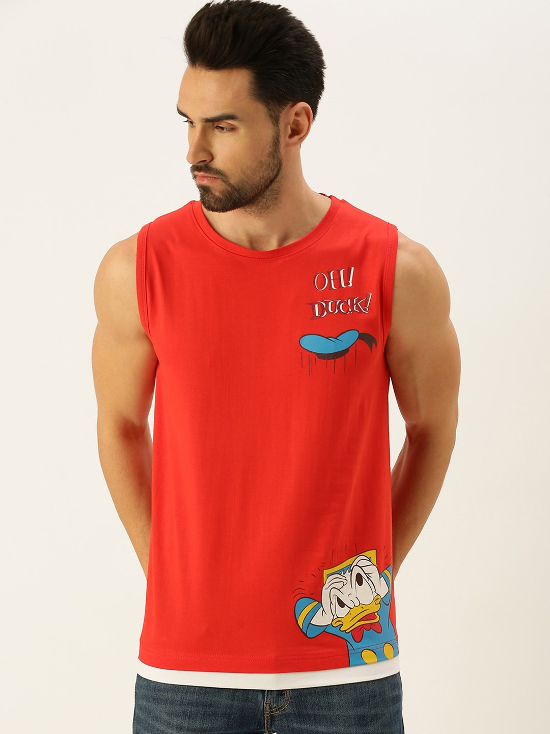 

VEIRDO Men Red Donald Duck Printed Cotton T-shirt